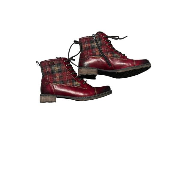 Remonte Leather Ankle Boots Wool Plaid Panels Zip Entry Lace Up EU 38 Chunky - Picture 4 of 10